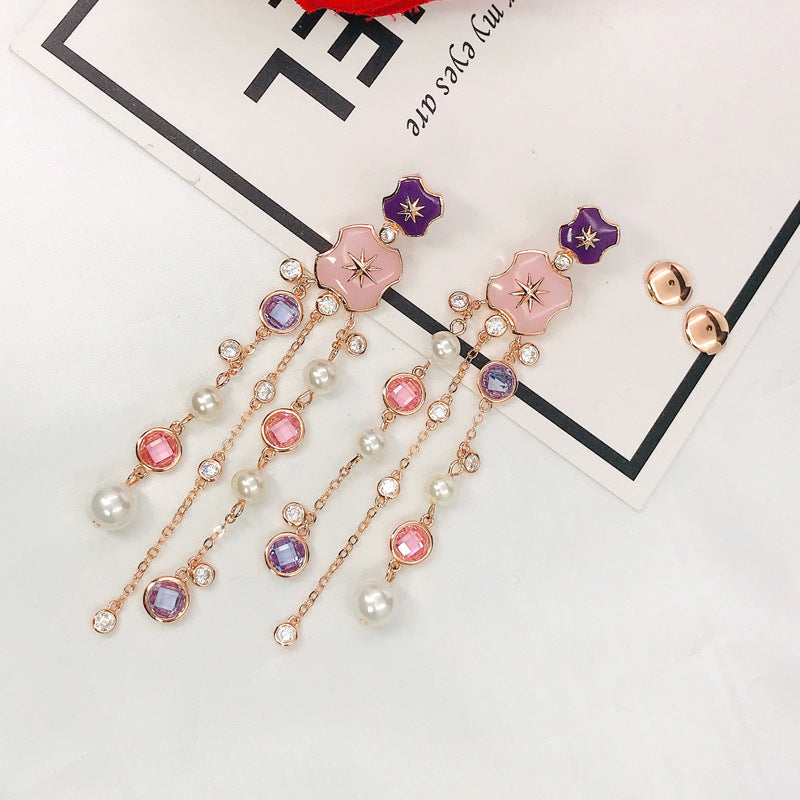 Eight-pointed Starlight Earrings Gold-plated WithDiamonds Long Pearl Tassel Earrings For Women