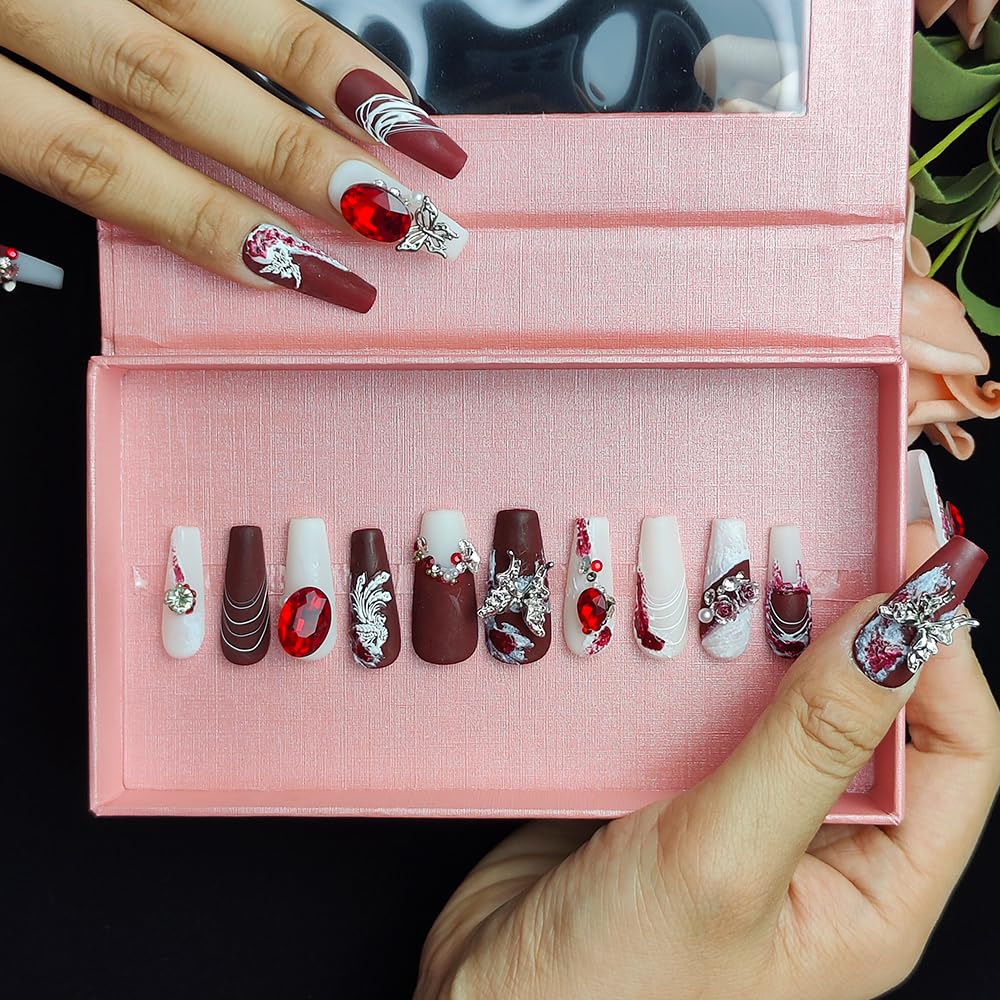 GGddsha New Shiny Crystal Long Press On Nails WithDiamonds Reusable PMA Acrylic Handmade Nails FullDeluxe 3D Crystal Fake Nails W Box Gift For Women,Suede Scarlet