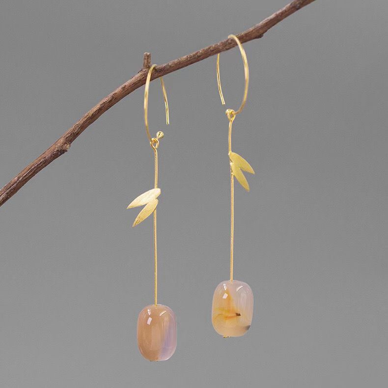 New Chinese-style Bamboo Leaf Agate Long Earrings
