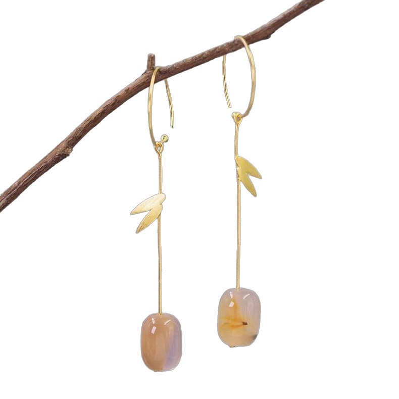 New Chinese-style Bamboo Leaf Agate Long Earrings