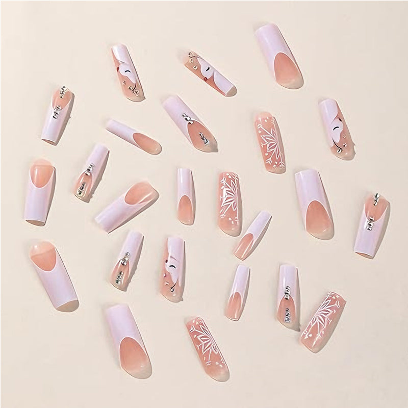 24 PCS Diamond Deer Snowflake Nail Art, Long Length Long Water Pipe Fake Nails,Square Head Nail Tips False Nail