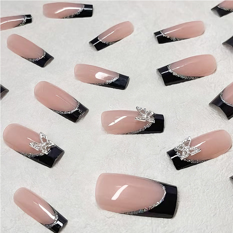 24 PCS Black P Ink Butterfly Nail Art, Long Length Long Water Pipe Fake Nails,Square Head Nail Tips False Nail