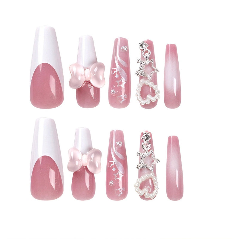 24 PCS Bear Bowbowknot Nail Art, Long Length Long Water Pipe Fake Nails,Square Head Nail Tips False Nail