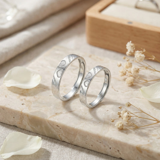 925 Sterling Silver Elegant S925 Sterling Silver Heart Pattern Couple Rings - Romantic Adjustable Jewelry Set