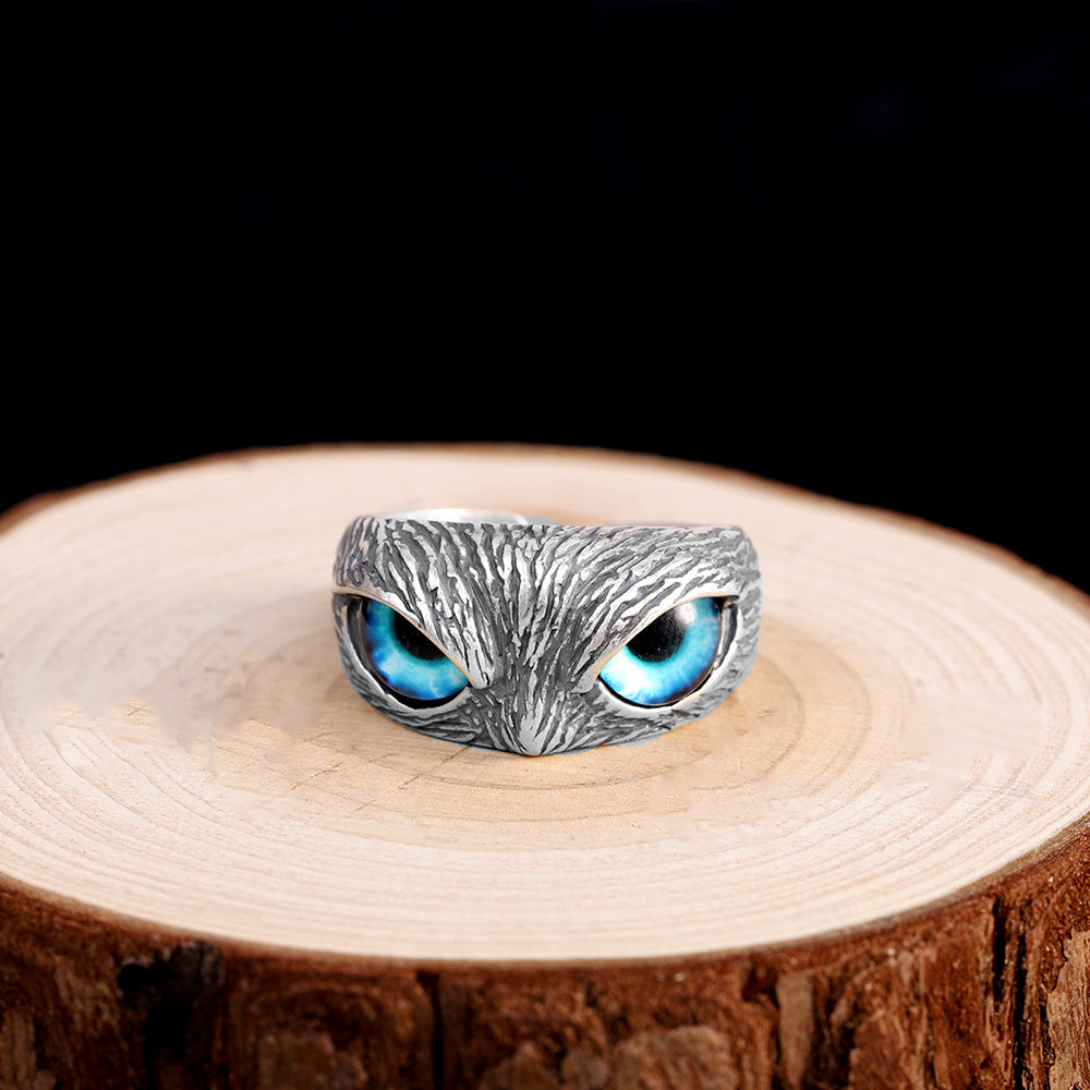 Character Silver S925 Silver Jewelry Thai Silver Antique Jewelry Personality Opening Men's Owl Ring Eye Ring
