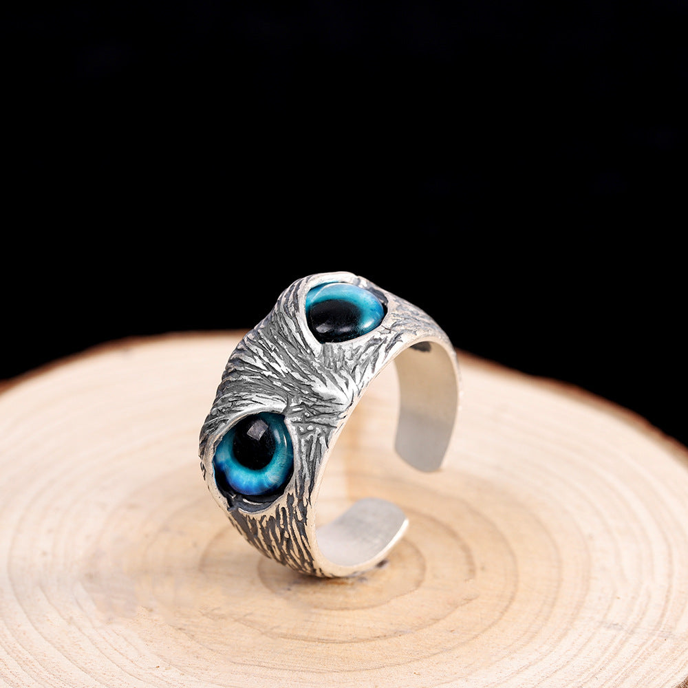 Character Silver S925 Silver Jewelry Thai Silver Antique Jewelry Personality Opening Men's Owl Ring Eye Ring