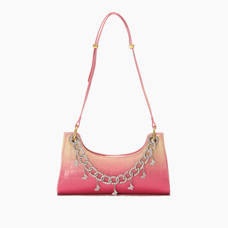 Rainbow Baguette Croc Froggy Gradient Women Shoulder Bags New Fashion Handbag Pearl Chain Diamond Metal Female Bag Summer