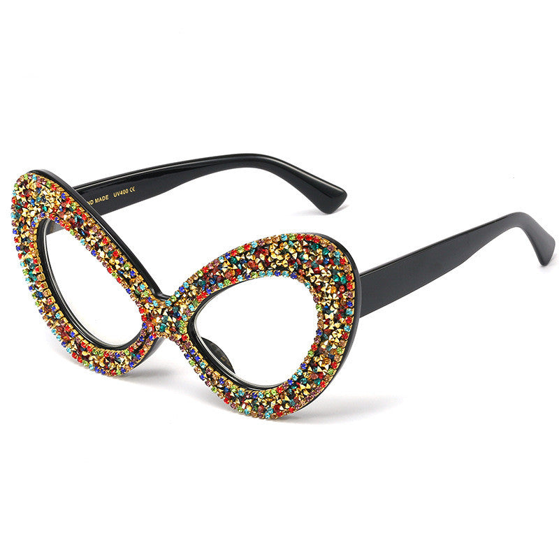 Pearl Rhinestone Flat Mirror Women Butterfly Frame Glasses Frame