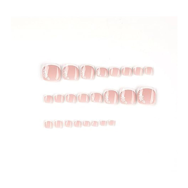 24PCS White Flowers Press On Toenails, French Tip Short Square Fake Toe Nails Full Cover ,Glue On Toenails Floral Designs False Toe Nails For Women Stick On Toenails
