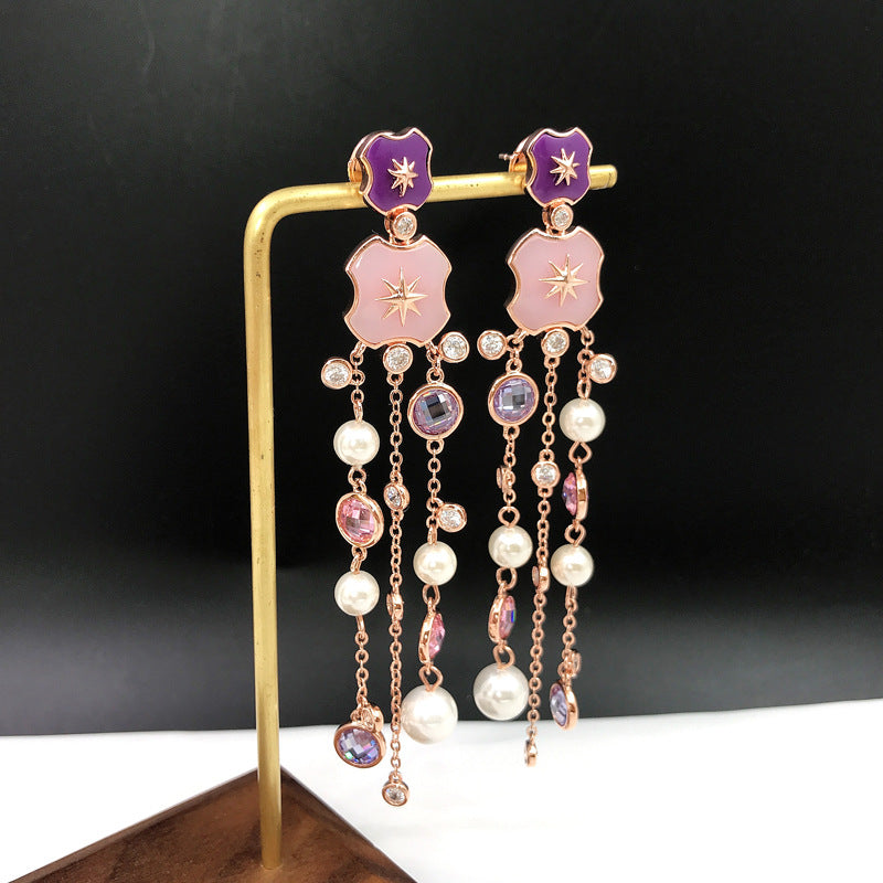 Eight-pointed Starlight Earrings Gold-plated WithDiamonds Long Pearl Tassel Earrings For Women