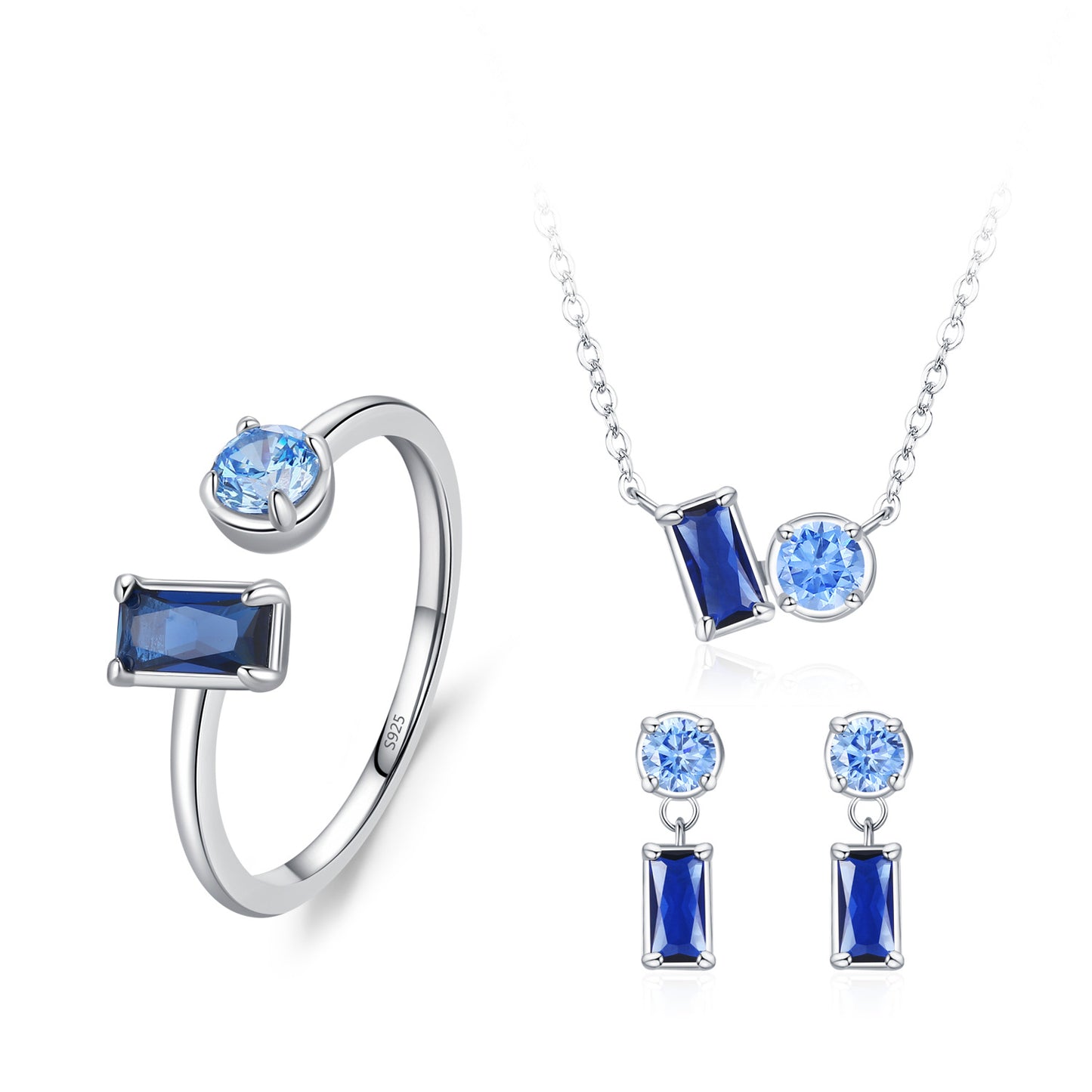 S925 Sterling Silver Earrings Necklace Ring Three Pieces Elegant Graceful Fashion Sapphire Jewelry Suit