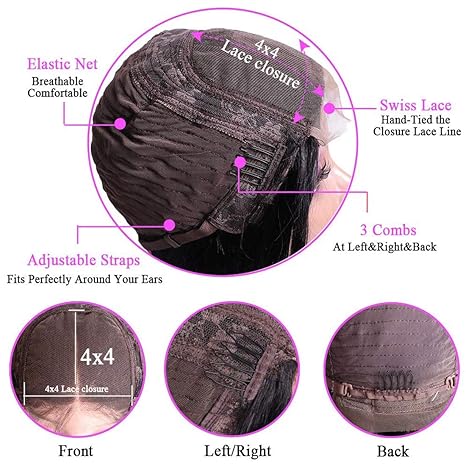 4x4 Lace Closure Human Hair Wig, Water Wave Wig Natural Color, 150 Percent Density