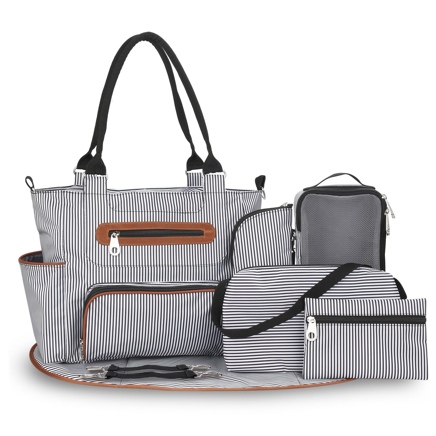 8Pcs Baby Nappy Diaper Bags Set For Mom Dad Mummy Handbags Multifunctional Diaper Changing Bags With Bottle Bag Mesh Bag Purse Diaper Pad 2 Burp Cloths 2 Hook Straps