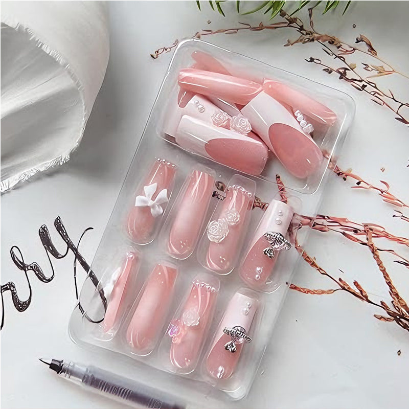 24 PCS Planet Pearl Flower Nail Art, Long Length Long Water Pipe Fake Nails,Square Head Nail Tips False Nail