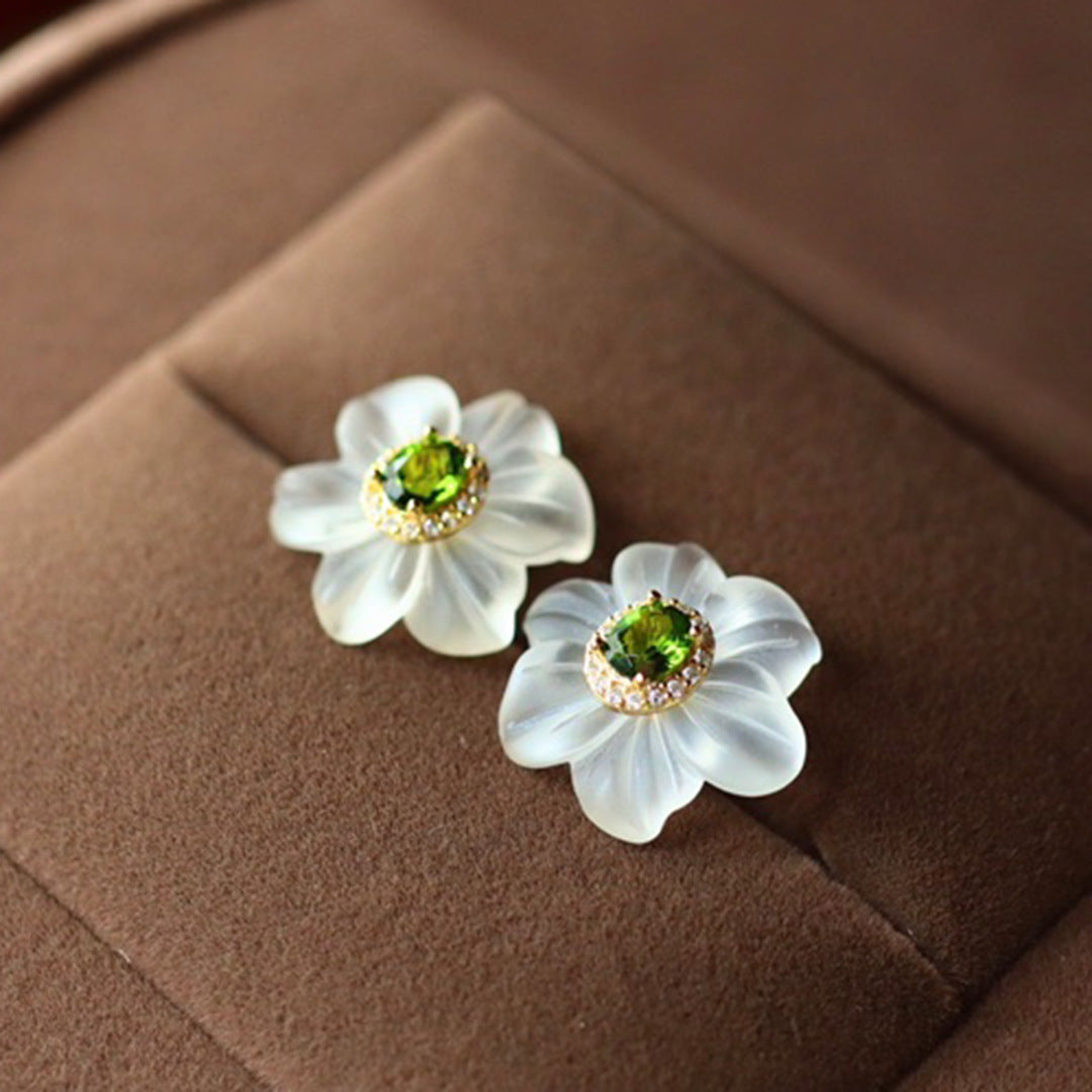 Natural White Crystal Carved Stud Earrings For Women