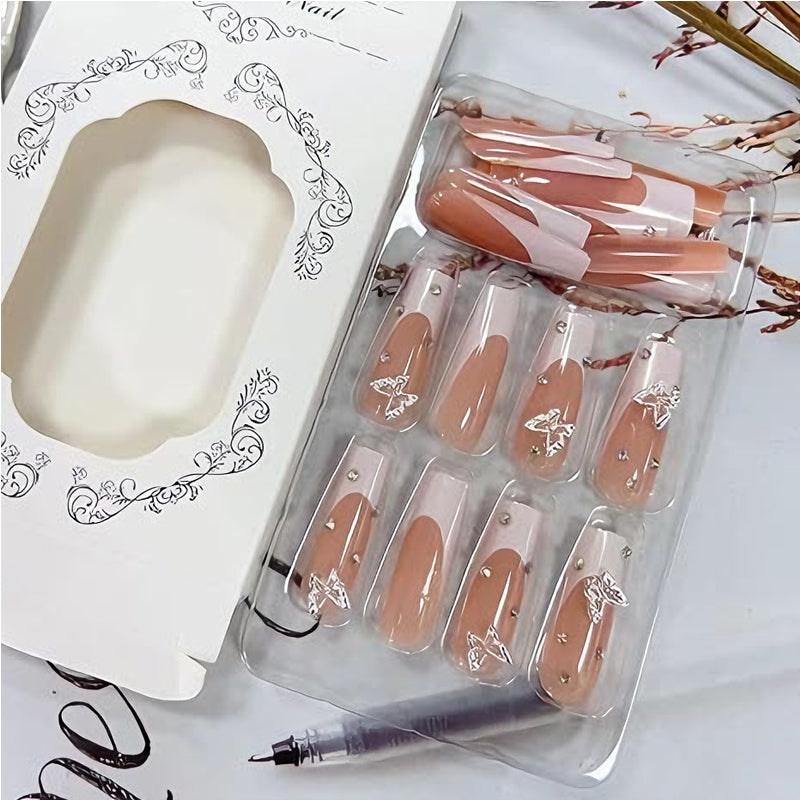 24 PCS Diamond Butterfly Nail Art, Long Length Long Water Pipe Fake Nails,Square Head Nail Tips False Nail