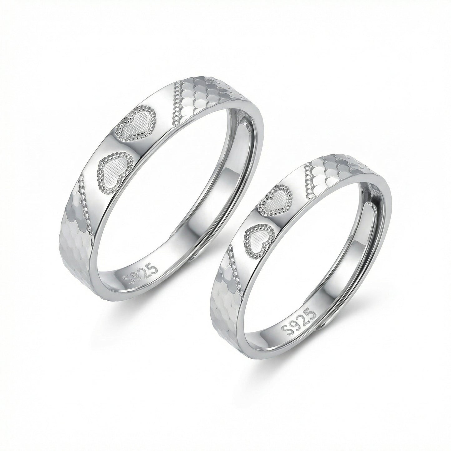 925 Sterling Silver Elegant S925 Sterling Silver Heart Pattern Couple Rings - Romantic Adjustable Jewelry Set