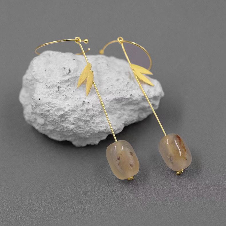 New Chinese-style Bamboo Leaf Agate Long Earrings