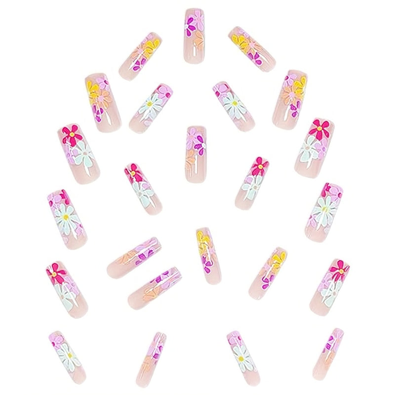 24 PCS Long Flat Flowers Nail Art, Long Length Long Water Pipe Fake Nails,Square Head Nail Tips False Nail
