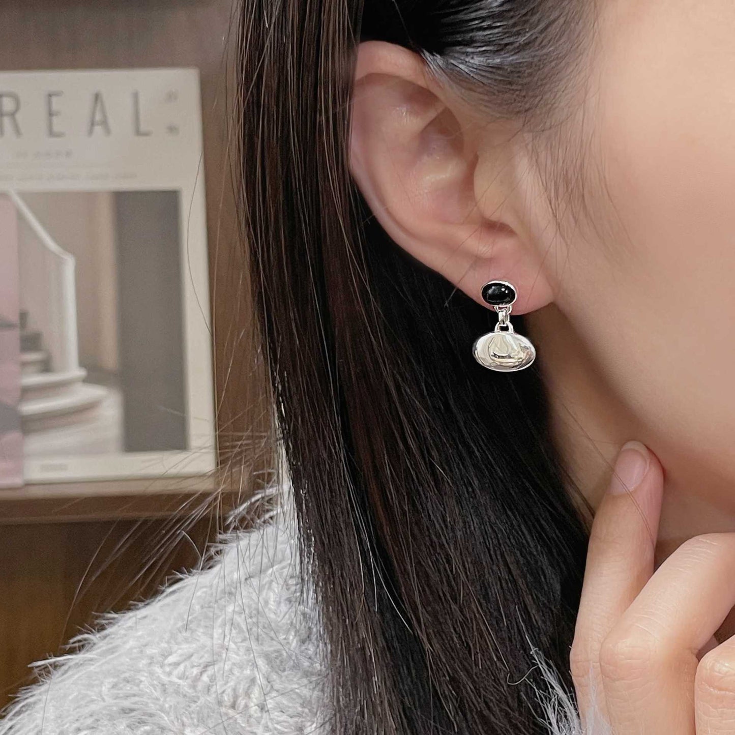 Agate Stud Women Niche Polished Oval Geometric Earring Jewelry