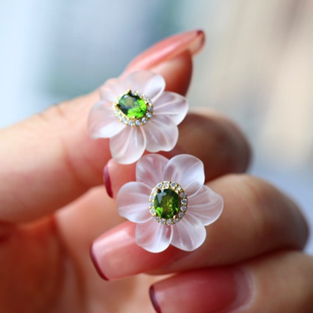 Natural White Crystal Carved Stud Earrings For Women