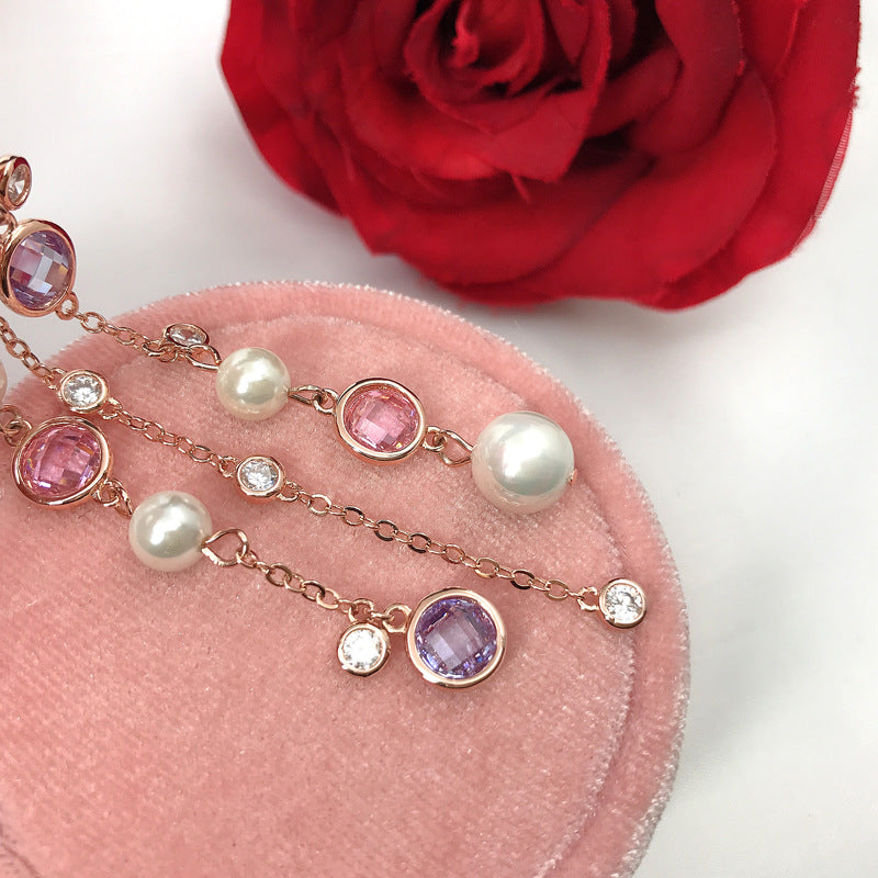 Eight-pointed Starlight Earrings Gold-plated WithDiamonds Long Pearl Tassel Earrings For Women