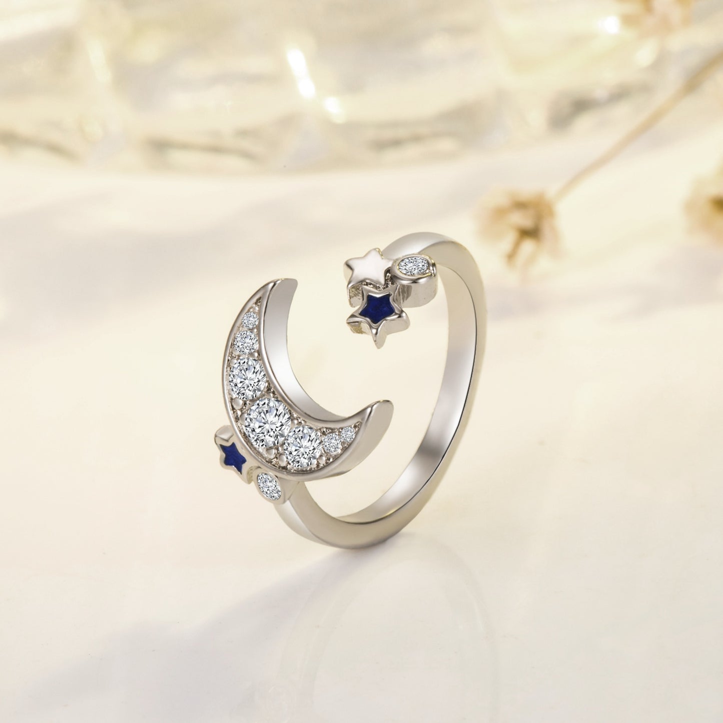 Creative Ring For Women Blue Star And Moon Open-End Ring