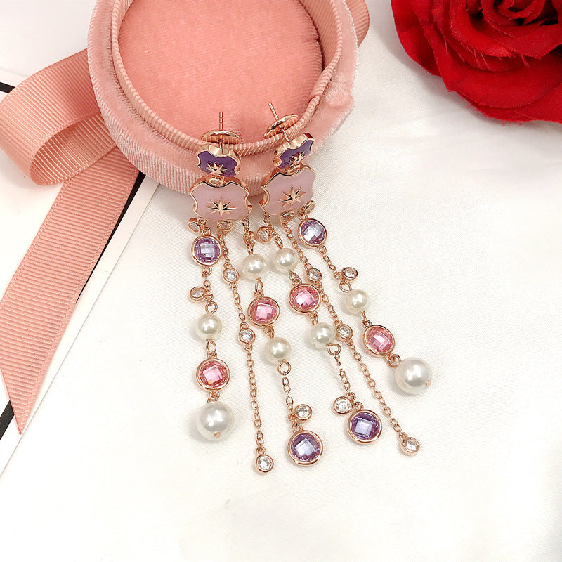 Eight-pointed Starlight Earrings Gold-plated WithDiamonds Long Pearl Tassel Earrings For Women