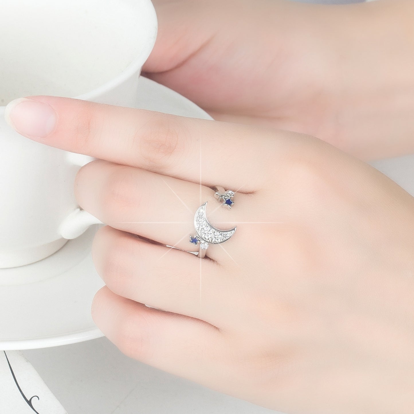 Creative Ring For Women Blue Star And Moon Open-End Ring