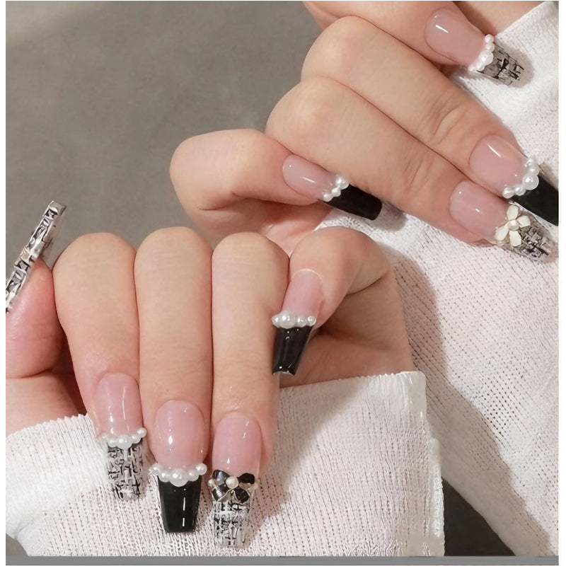 24 PCS Black And White CC Nail Art, Long Length Long Water Pipe Fake Nails,Square Head Nail Tips False Nail