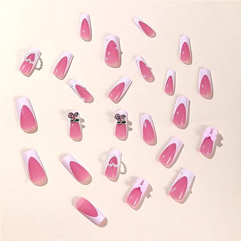 24 PCS Cherry Bow Nail Art, Long Length Long Water Pipe Fake Nails,Square Head Nail Tips False Nail