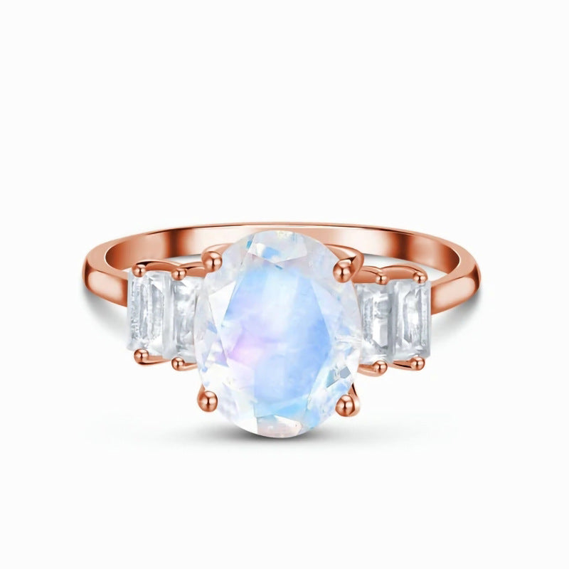 S925 Sterling Silver Oval Moonstone Ring Jewelry