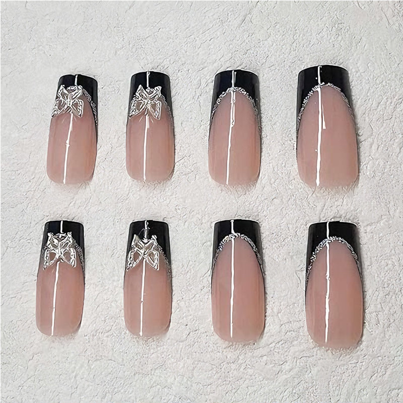 24 PCS Black P Ink Butterfly Nail Art, Long Length Long Water Pipe Fake Nails,Square Head Nail Tips False Nail
