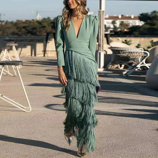 French Elegant Deep V Neck Slim Prom Dresses