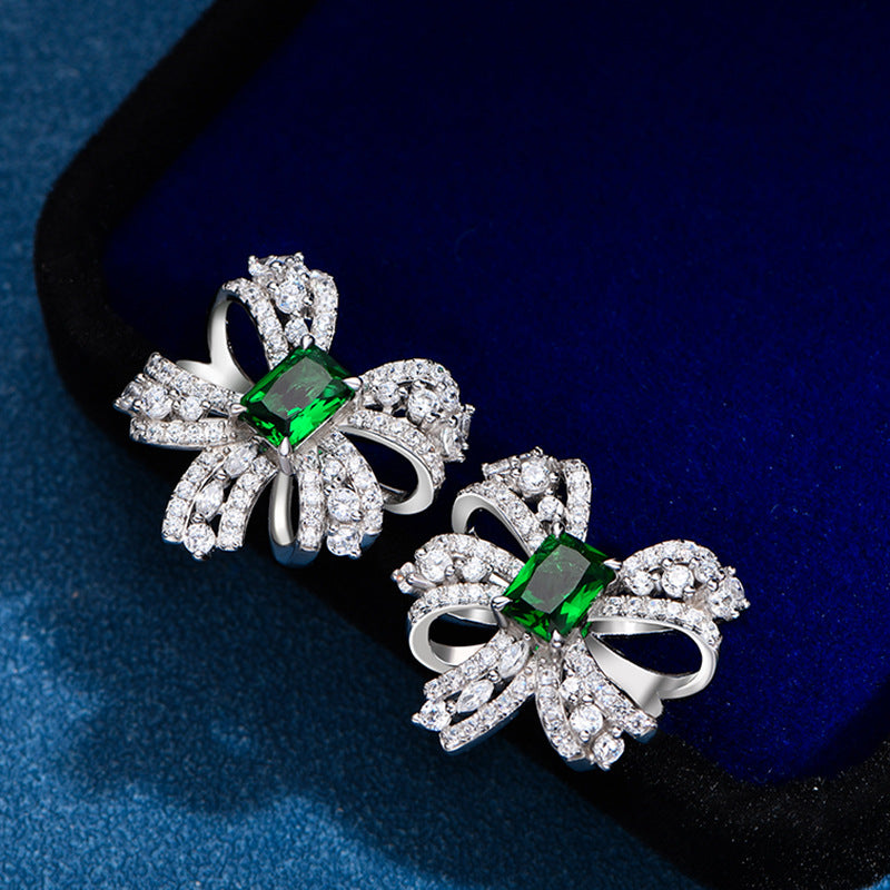 Sterling Silver High-grade Emerald Bow Stud Earrings Women