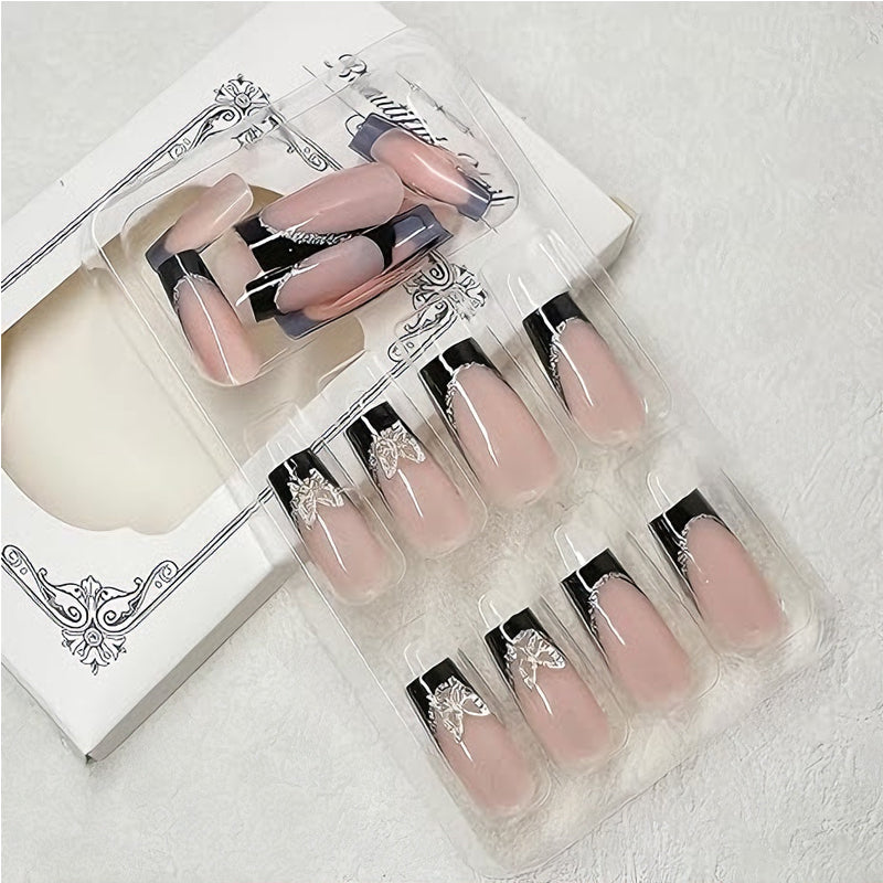 24 PCS Black P Ink Butterfly Nail Art, Long Length Long Water Pipe Fake Nails,Square Head Nail Tips False Nail