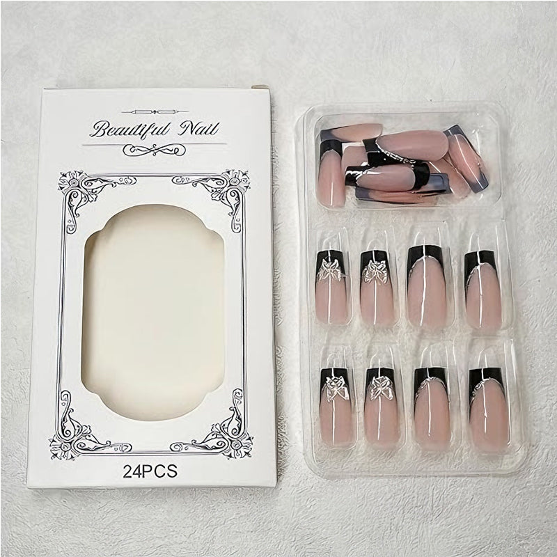 24 PCS Black P Ink Butterfly Nail Art, Long Length Long Water Pipe Fake Nails,Square Head Nail Tips False Nail