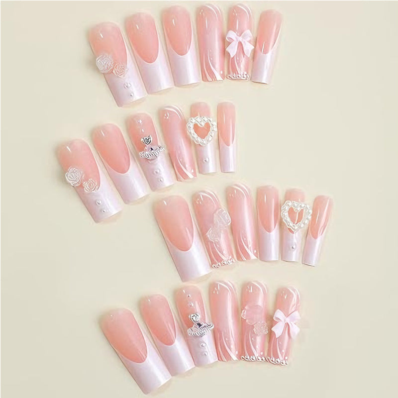 24 PCS Planet Pearl Flower Nail Art, Long Length Long Water Pipe Fake Nails,Square Head Nail Tips False Nail
