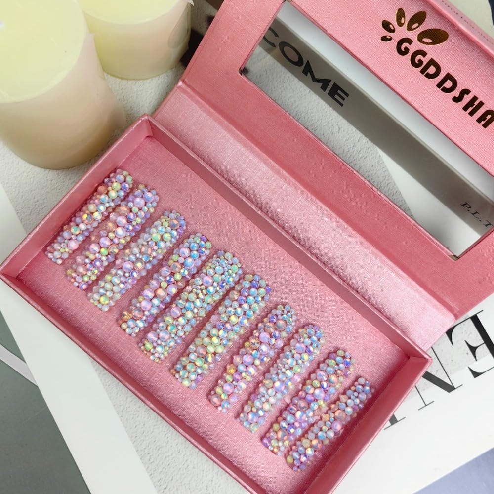 GGddsha Long Novel Design And Reusable HandmadePMMA Acrylic Press On Nails Full Coverage Candy 3D CrystaFake Nails With Box Gifts For Women,Pastel Galaxy